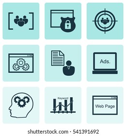 Set Of 9 SEO Icons. Includes Digital Media, Keyword Optimisation, Questionnaire And Other Symbols. Beautiful Design Elements.
