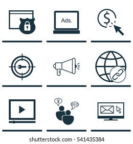 Set Of 9 SEO Icons. Includes Newsletter, Video Player, Media Campaign And Other Symbols. Beautiful Design Elements.