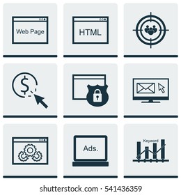 Set Of 9 SEO Icons. Includes Coding, Newsletter, Web Page Performance And Other Symbols. Beautiful Design Elements.