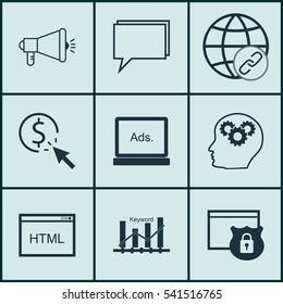 Set Of 9 SEO Icons. Includes Coding, PPC, Conference And Other Symbols. Beautiful Design Elements.