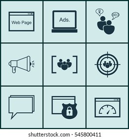 Set Of 9 SEO Icons. Includes Conference, Website, Digital Media And Other Symbols. Beautiful Design Elements.