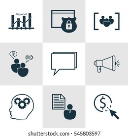 Set Of 9 SEO Icons. Includes Keyword Optimisation, Report, Security And Other Symbols. Beautiful Design Elements.