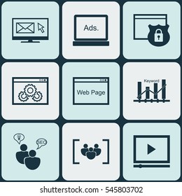 Set Of 9 SEO Icons. Includes Keyword Optimisation, Search Optimization, Newsletter And Other Symbols. Beautiful Design Elements.