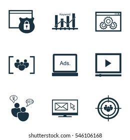 Set Of 9 SEO Icons. Includes Questionnaire, Keyword Optimisation, Focus Group And Other Symbols. Beautiful Design Elements.