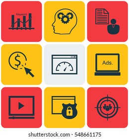 Set Of 9 SEO Icons. Includes Intellectual Process, Digital Media, Report And Other Symbols. Beautiful Design Elements.