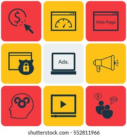 Set Of 9 SEO Icons. Includes Website, Digital Media, Video Player And Other Symbols. Beautiful Design Elements.