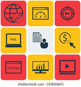 Set Of 9 SEO Icons. Includes Website, PPC, Video Player And Other Symbols. Beautiful Design Elements.