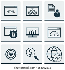 Set Of 9 SEO Icons. Includes Loading Speed, Web Page Performance, Market Research And Other Symbols. Beautiful Design Elements.