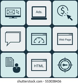 Set Of 9 SEO Icons. Includes Website, Loading Speed, Digital Media And Other Symbols. Beautiful Design Elements.