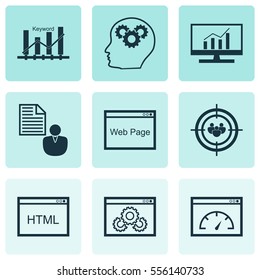 Set Of 9 SEO Icons. Includes Intellectual Process, Market Research, Keyword Optimisation And Other Symbols. Beautiful Design Elements.