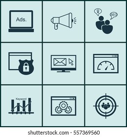 Set Of 9 SEO Icons. Includes Newsletter, Loading Speed, Web Page Performance And Other Symbols. Beautiful Design Elements.