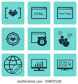 Set Of 9 SEO Icons. Includes Connectivity, Focus Group, Coding And Other Symbols. Beautiful Design Elements.