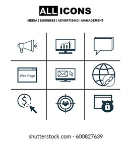 Set Of 9 SEO Icons. Includes Media Campaign, Newsletter, Security And Other Symbols. Beautiful Design Elements.