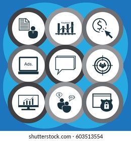 Set Of 9 SEO Icons. Includes Conference, Digital Media, Report And Other Symbols. Beautiful Design Elements.