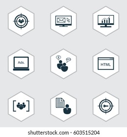 Set Of 9 SEO Icons. Includes Keyword Marketing, Market Research, Newsletter And Other Symbols. Beautiful Design Elements.