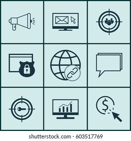 Set Of 9 SEO Icons. Includes Conference, Market Research, Keyword Marketing And Other Symbols. Beautiful Design Elements.