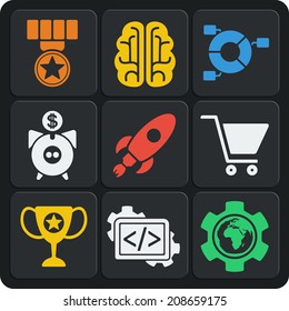 Set of 9 seo vector web and mobile icons in flat design. Idea, management, sales, start up, development, profit.