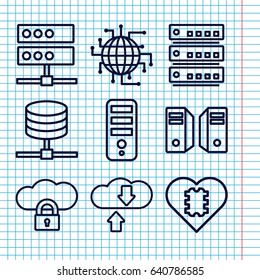 Set of 9 server outline icons such as cpu, server, cpu in heart, cpu planet, download cloud