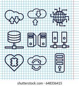Set of 9 server outline icons such as cpu, server, cloud download upload, cpu in heart, cpu planet, download cloud