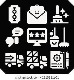 Set of 9 service filled icons such as instructions, shipping and delivery, sweep, lorry, feedback, rating, blade
