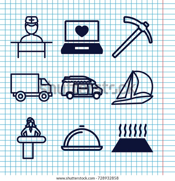 Set of 9 service filled and outline icons such
as laptop with heart, heating system in car, airport desk, van,
doctor, dish, hammer,
sailboat