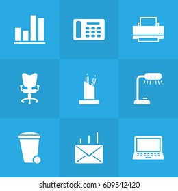 Set Of 9 Service Icons Set.Collection Of Diagram, Office Chair, Printer And Other Elements.