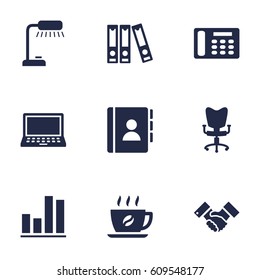Set Of 9 Service Icons Set.Collection Of Handshake, Telephone, Office Chair Elements.