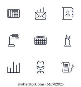 Set Of 9 Service Outline Icons Set.Collection Of Pen Storage, Chart, Workplace And Other Elements.