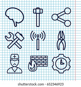 Set of 9 service outline icons such as signal tower, nippers, garden hammer, doctor, gear clock, wrench hummer, brick wall fire