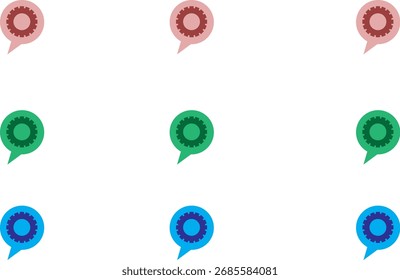 Set von 9 Einstellgerätsymbolen in RGB-Farben, platziert unter Kommunikations-Chat-Blasen, perfekt für Tech-, Messaging- und Kommunikationsthemen.