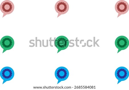 Set of 9 setting gear icons in RGB colours placed under communication chat bubbles, perfect for tech, messaging, and communication themes.