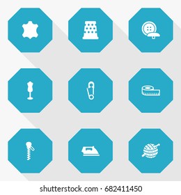 Set Of 9 Sewing Icons Set.Collection Of Mannequin, Seamstress, Pintle And Other Elements.