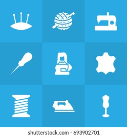 Set Of 9 Sewing Icons Set.Collection Of Pins, Skin, Flatiron And Other Elements.