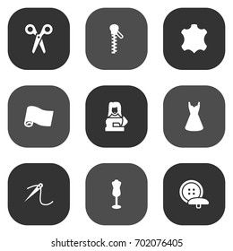 Set Of 9 Sewing Icons Set.Collection Of Evening Gown, Skin, Fastener And Other Elements.