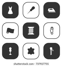 Set Of 9 Sewing Icons Set.Collection Of Spool, Evening Gown, Pintle And Other Elements.