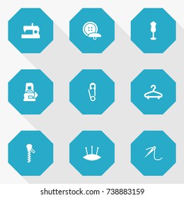 Set Of 9 Sewing Icons Set.Collection Of Rack, Clothier, Tailor And Other Elements.