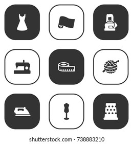 Set Of 9 Sewing Icons Set.Collection Of Mannequin, Roll, Knitting And Other Elements.