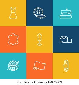 Set Of 9 Sewing Outline Icons Set.Collection Of Measuring Tape, Fabric, Dummy And Other Elements.