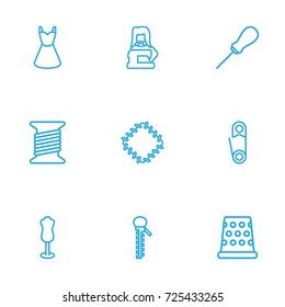 Set Of 9 Sewing Outline Icons Set.Collection Of Dummy, Awl, Tailor And Other Elements.