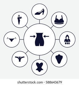 Set of 9 sexy filled icons such as animal fang, panties with heart, slim, Casino girl, sport bra, corset