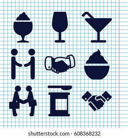 Set of 9 shake filled icons such as Cocktail, handshake, milkshake, businessman shaking hands, shaking hands
