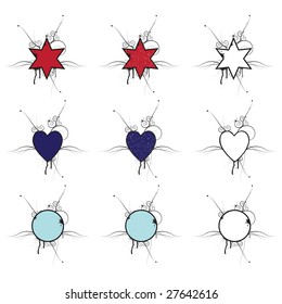 Set of 9 shapes with text space and grunge pattern isolated on white