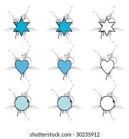 Set of 9 shapes with text space and grunge pattern isolated on white