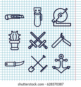 Set of 9 sharp outline icons such as shovel and rake, bllade razor, electric razor, circular saw, gardening knife, cutter, cactus, anchor