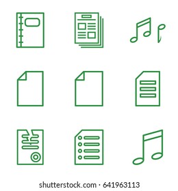 set of 9 sheet outline icons such as paper, notebook, note, music note
