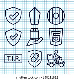 Set of 9 shield outline icons such as courier on motorcycle, tir, cargo protection, health insurance, shield