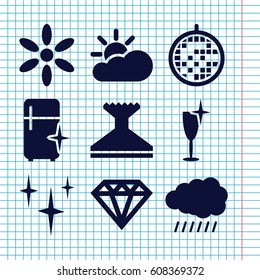 Set of 9 shine filled icons such as sun, Diamond, window squeegee, clean, clean wine glass, clean fridge, disco ball