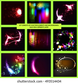 Set of 9 shiny abstract vector backgrounds and elements.
Each on a separate layer