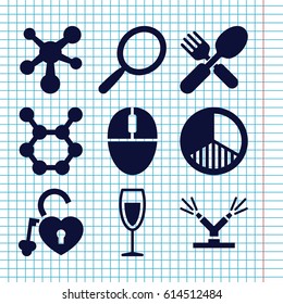 Set of 9 shiny filled icons such as mirror, fork and spoon, heart lock, mouse, wine glass, brightness, watering system, atom