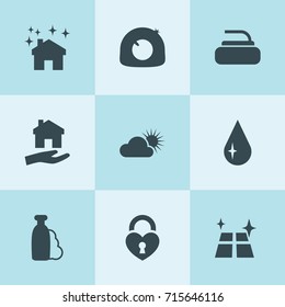 Set of 9 shiny filled icons such as tire repair, drop, shampoo, shine, house clean, heart lock, sun and cloud